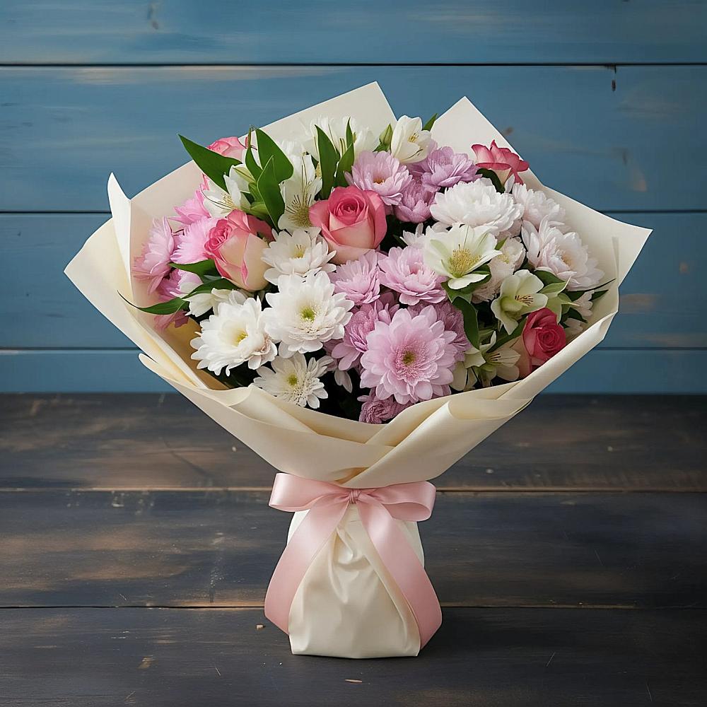 Букет цветов из: Хризантемы, Альстромерии и Розы в Курумоч